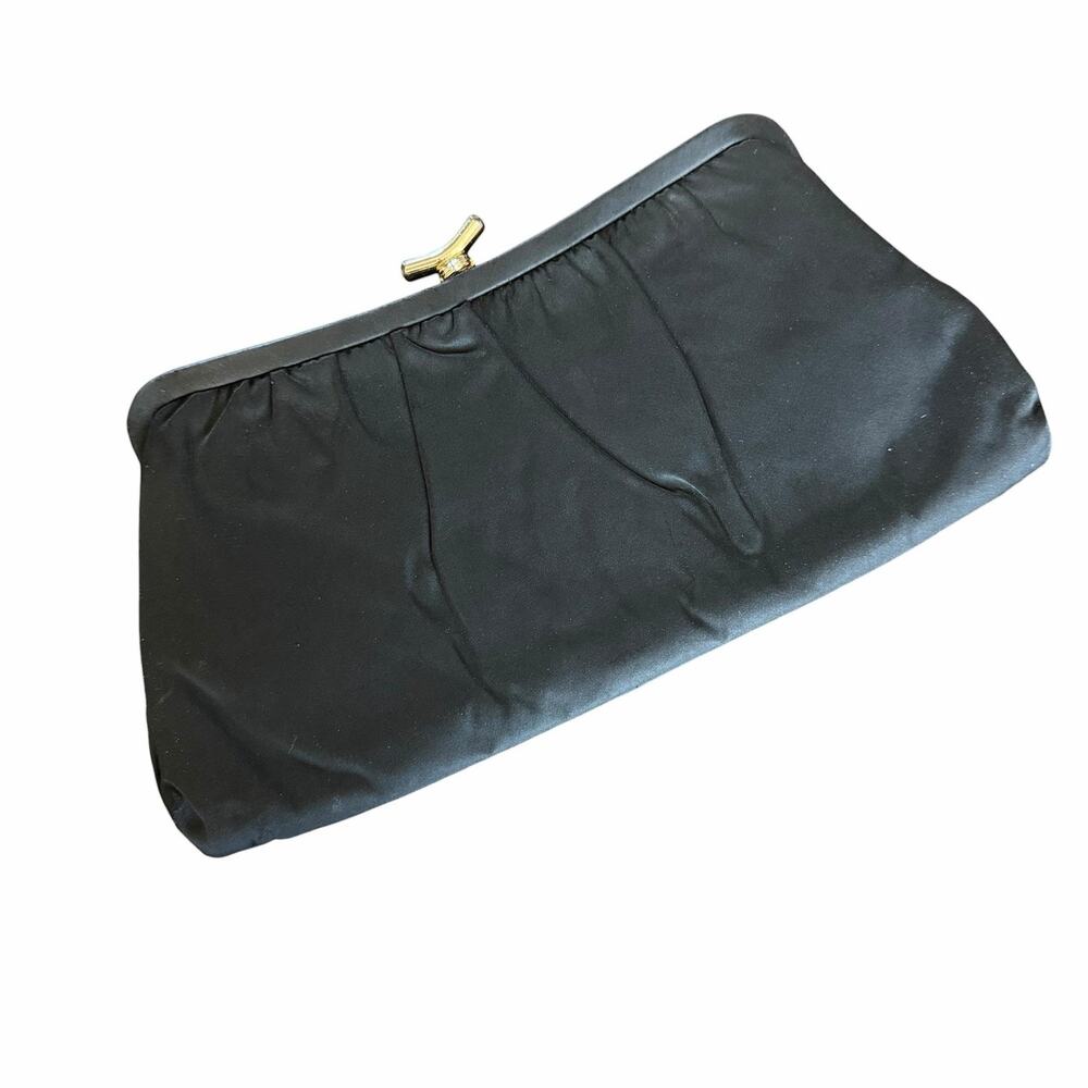 Vintage Clutch Bag Womens Small Black Pleated Chain Strap Kiss Lock Evening